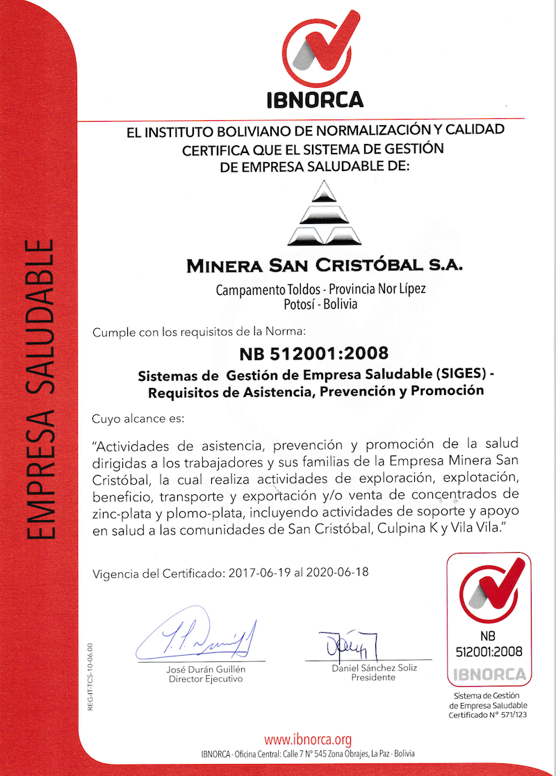 Certificaciones Minera San Cristobal S A